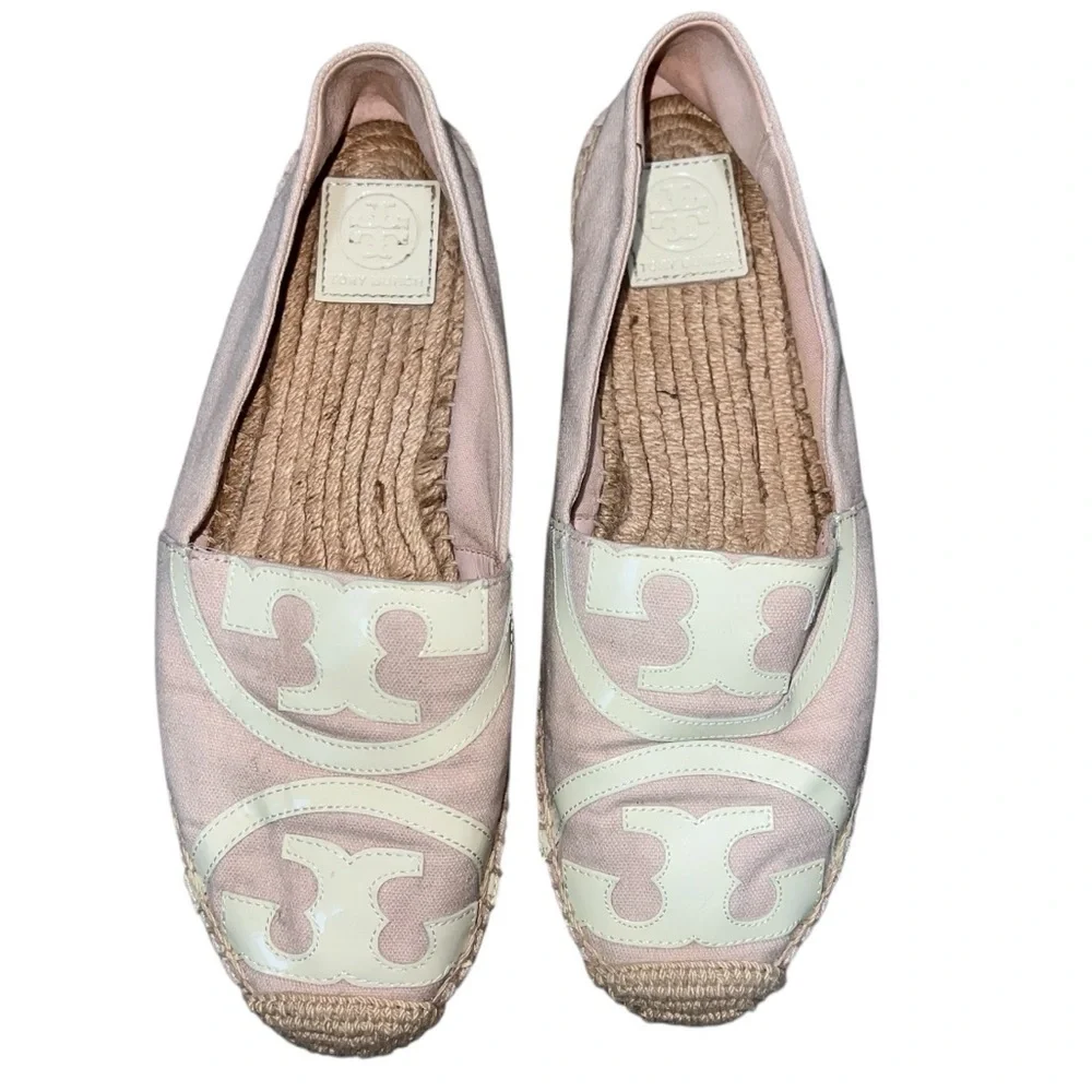 Tory Burch Pale Pink Canvas White Patent Leather Espadrilles Jute Sole Size 11